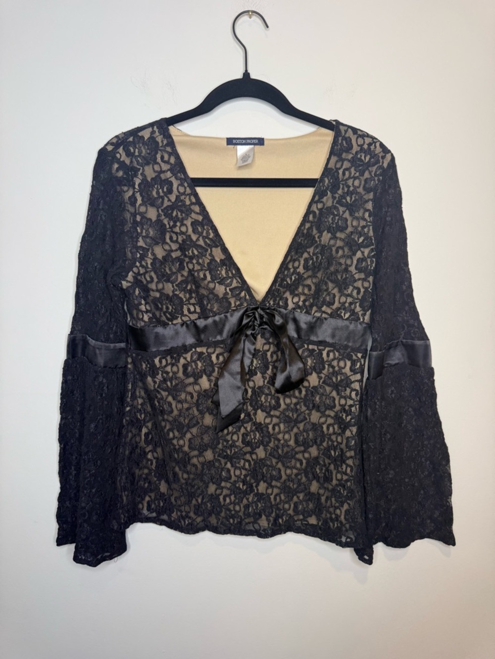 Boston Proper black lace V-neck top featuring long bell sleeves